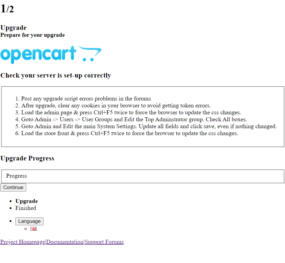 Opencart upgrade failure 01.png