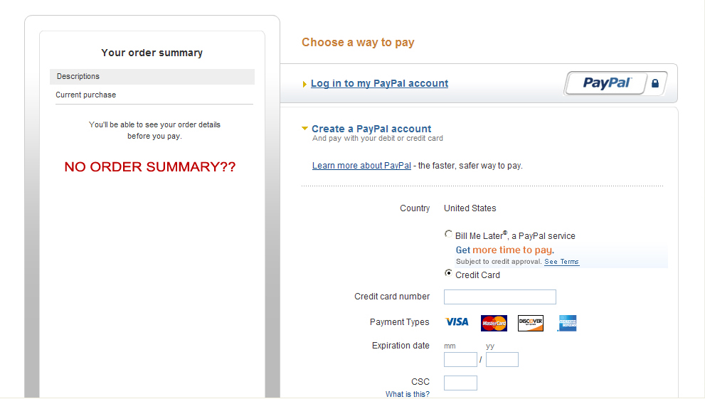 paypal empty order summary